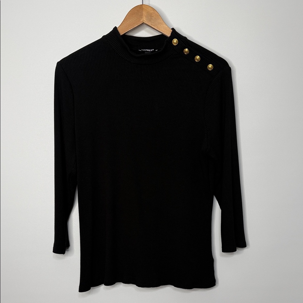 Express Black Ribbed Mock Neck Button-Detail Top … - image 2